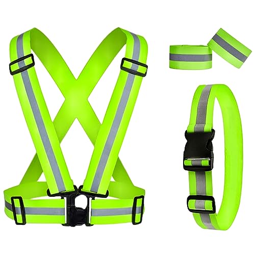 RUISHYY Reflective Running Gear Reflective Vest & Reflective Armband & Reflective Belt 3 Pcs Set, High Visibility Reflective Gear Night Cycling Walking Safety Vest Straps for Men Women Kids (Green)