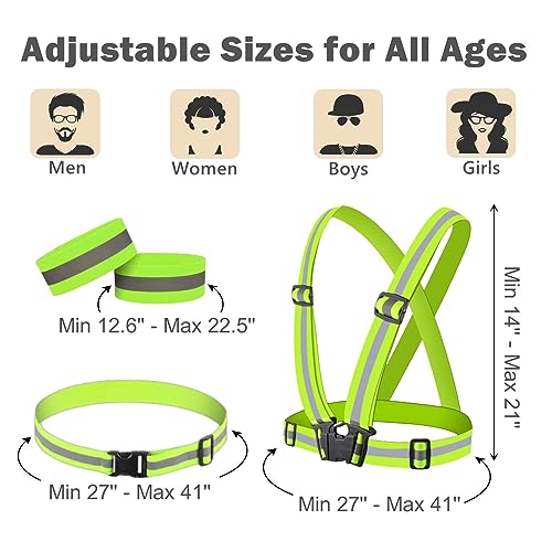 RUISHYY Reflective Running Gear Reflective Vest & Reflective Armband & Reflective Belt 3 Pcs Set, High Visibility Reflective Gear Night Cycling Walking Safety Vest Straps for Men Women Kids (Green)