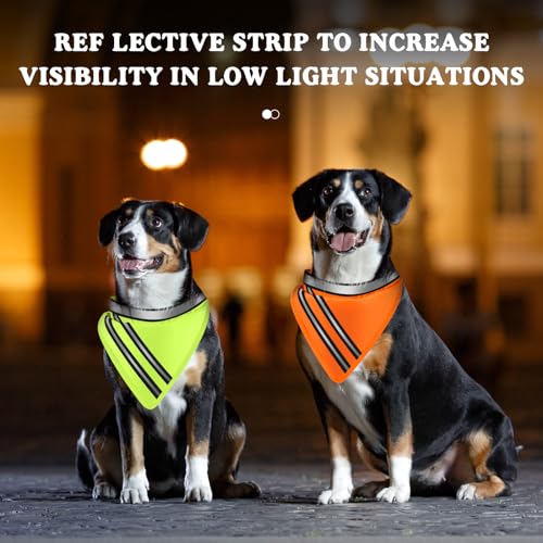 Huhumy 2 Pcs Reflective Dog Bandana with Neon Orange Green Color High Visibility Reflective Dog Scarf Safety Dog Reflective Gear Hook and Loop Tape Triangle Bib Accessories for Hunting Walking Camping