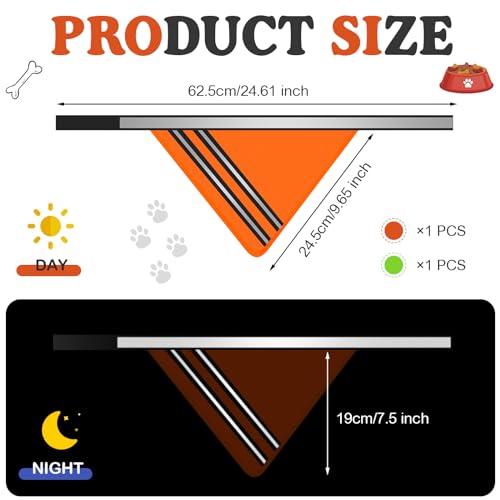 Huhumy 2 Pcs Reflective Dog Bandana with Neon Orange Green Color High Visibility Reflective Dog Scarf Safety Dog Reflective Gear Hook and Loop Tape Triangle Bib Accessories for Hunting Walking Camping