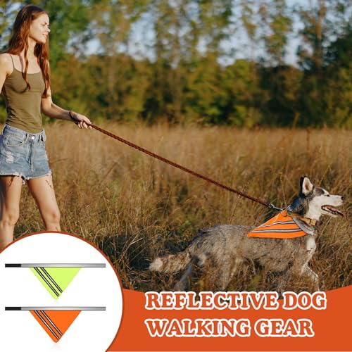 Huhumy 2 Pcs Reflective Dog Bandana with Neon Orange Green Color High Visibility Reflective Dog Scarf Safety Dog Reflective Gear Hook and Loop Tape Triangle Bib Accessories for Hunting Walking Camping