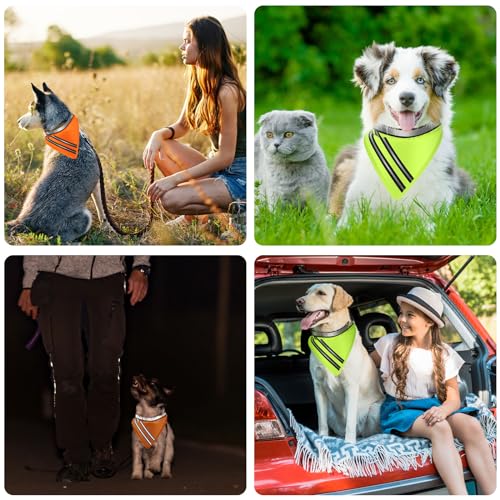 Huhumy 2 Pcs Reflective Dog Bandana with Neon Orange Green Color High Visibility Reflective Dog Scarf Safety Dog Reflective Gear Hook and Loop Tape Triangle Bib Accessories for Hunting Walking Camping
