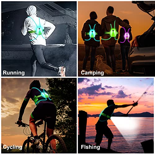 LED Reflective Running Vest Lights for Runners, Running Lights with Front Light, Safety USB Rechargeable Reflective Night Lights For Men/Women Running Walking Cycling, Three Light Modes with 7 Colors