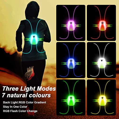 LED Reflective Running Vest Lights for Runners, Running Lights with Front Light, Safety USB Rechargeable Reflective Night Lights For Men/Women Running Walking Cycling, Three Light Modes with 7 Colors