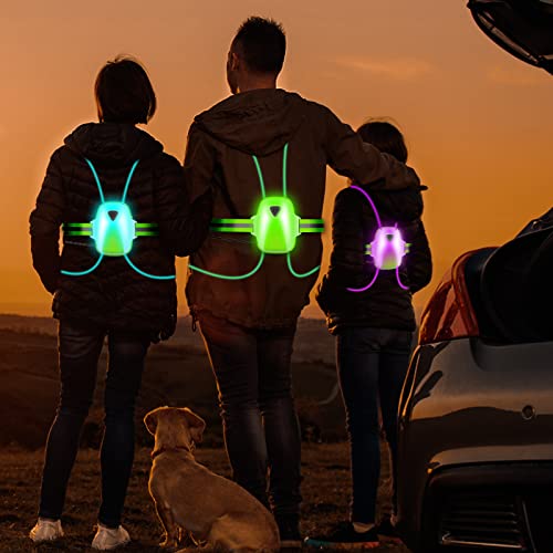 LED Reflective Running Vest Lights for Runners, Running Lights with Front Light, Safety USB Rechargeable Reflective Night Lights For Men/Women Running Walking Cycling, Three Light Modes with 7 Colors
