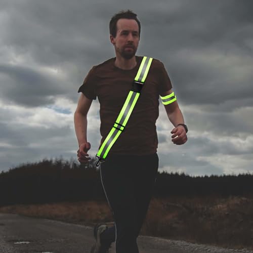 PEUTIER 3pcs Reflective Running Gear, Reflective Shoulder Strap with 2pcs Running Arm Band High Visibility Night Reflector Bands for Men Women Walking Running Cycling