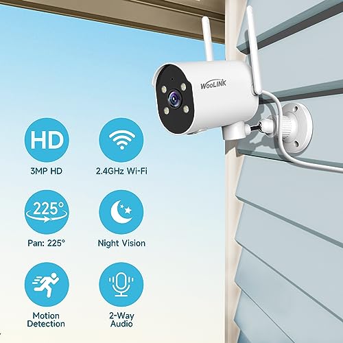 WOOLINK 2K Security Camera Outdoor WiFi Security Cameras Pan Rotating 225° Full Color Night Vision, Two-Way Audio, 2.4GHz WiFi, IP65 Waterproof, Motion Detection Alarm (2 Pack)