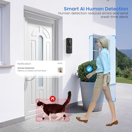 Biglory Wireless Doorbell Camera with Chime, AI Human Detection, Live Image, Night Vision, 2-Way Audio, 2.4G WiFi, Instant Alerts, Outdoor Indoor Surveillance, Rechargeable Battery, Cloud Storage