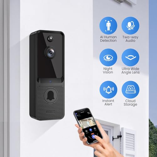Biglory Wireless Doorbell Camera with Chime, AI Human Detection, Live Image, Night Vision, 2-Way Audio, 2.4G WiFi, Instant Alerts, Outdoor Indoor Surveillance, Rechargeable Battery, Cloud Storage