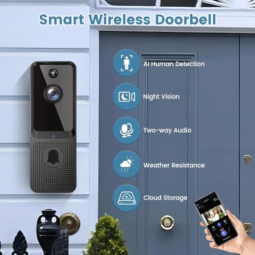 CutePanda Video Doorbell Camera Wireless, Chime Ringer Included, Smart AI Human Detection, Indoor Outdoor Surveillance, 2.4G WiFi, Live View, 2-Way Audio, Night Vision, Cloud Storage
