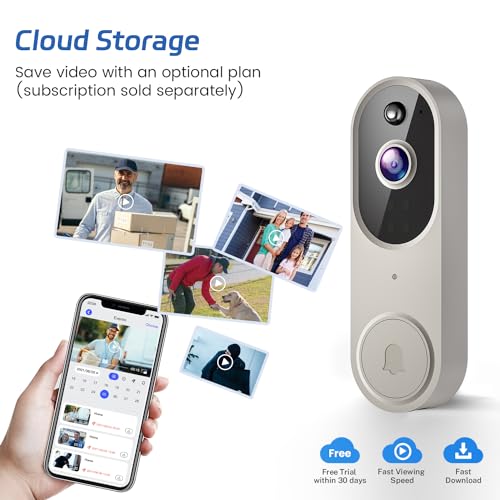 Guggre 1080P Wireless Video Doorbell Camera with Chime Ringer, Night Vision, Cloud Storage, 2.4GHz Wi-Fi, Smart AI Human Detection, 2-Way Audio, Real-Time Alert, Battery Powered