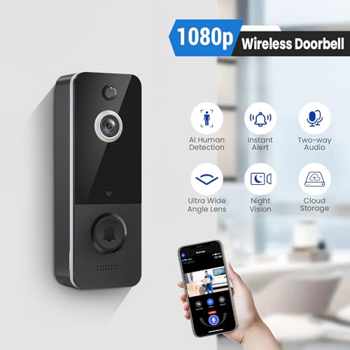 CutePanda Wireless Smart Video Doorbell Camera, with Chime Ringer, AI Human Detection, Home Security System, Cloud Storage, Live View, Night Vision, 2-Way Audio, 2.4G WiFi, Battery Powered