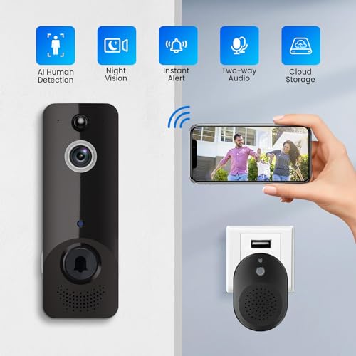 Biglory Video Doorbell Camera Wireless with Ring Chime, Home Security System, AI Human Detection, 2-Way Audio, Live Image, Night Vision, Instant Alerts, Cloud Storage, Battery Powered