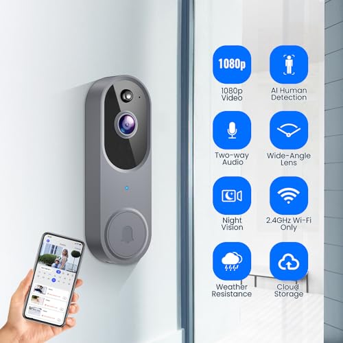 CutePanda 1080P Wireless Video Doorbell Camera, AI Human Detection, Home Security System, Live View, Night Vision, Chime Ringer, Instant Alerts, 2-Way Audio, Cloud Storage, 2.4G WiFi, Battery Powered