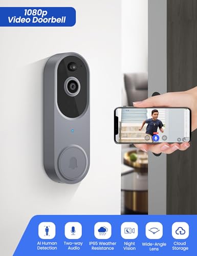 SUNNYJANE Silver Wireless 1080p Video Doorbell Camera, AI Human Detection, Live View, 2-Way Audio Included Ring Chime, 2.4G Wi-Fi, Night Vision, Cloud Storage, Indoor/Outdoor Surveillance Cam