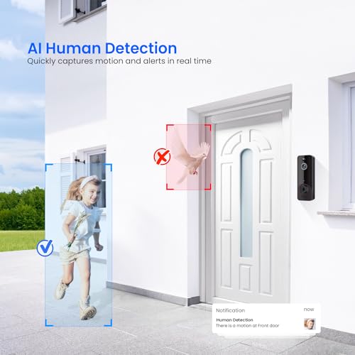 CutePanda Video Doorbell Camera Wireless with Chime Ringer, Smart AI Human Detection, Home Security System, Cloud Storage, Live View, 2-Way Audio, Night Vision, 2.4G WiFi, Battery Powered