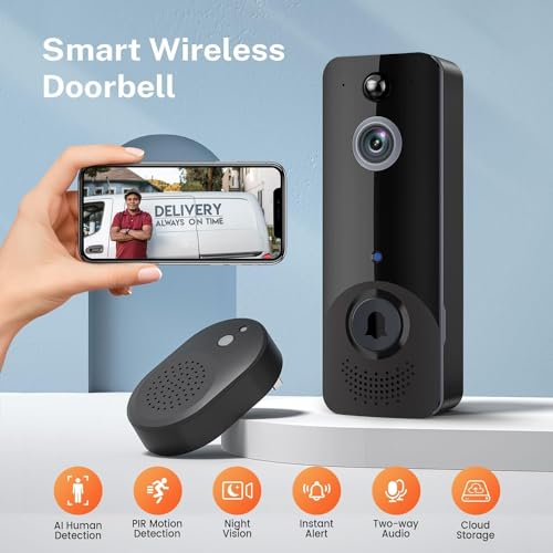 SJCODE Wireless Doorbell Camera, Chime Ringer Included, AI Human Detection, 2-Way Audio, Night Vision, Instant Alerts, Cloud Storage, Rechargeable Battery, All-Weather Resilience, Home Security System