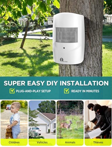 Driveway Alarm Wireless Outside, 1byone Motion Sensor Alarm 1000 FT Range Extra Loud Chimes Home Security Alarm System with 1 Receiver 2 Weatherproof Infrared Sensors Protect Indoor/Outdoor Property