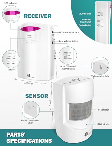 Driveway Alarm Wireless Outside, 1byone Motion Sensor Alarm 1000 FT Range Extra Loud Chimes Home Security Alarm System with 1 Receiver 2 Weatherproof Infrared Sensors Protect Indoor/Outdoor Property