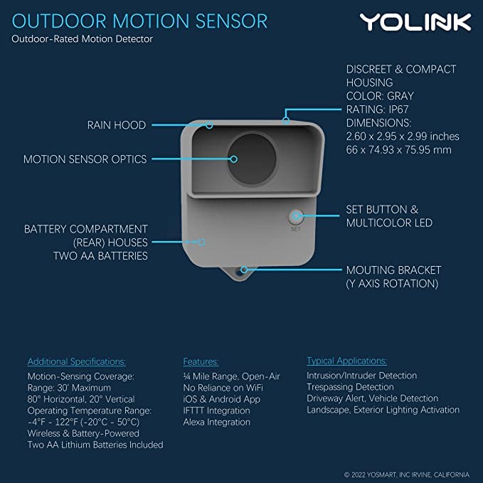 YoLink LoRa Smart Outdoor Motion Detector Sensor, Driveway Alert, Property Invasion/Tresspassing Detector, 1/4 Mile Open Air Range, Email/SMS/Push Alerts, Alexa, IFTTT, Home Assistant (Hub Required)