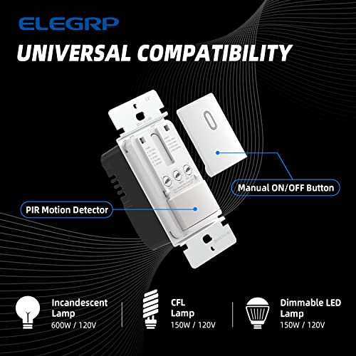 ELEGRP Single Pole Occupancy Motion Sensor Light Switch, PIR Infrared Motion Activated Switch, Need Grounding Wire, No Neutral Wire, for CFL/LED/Incandescent, with Plate, UL(2 Pack, Matte White)