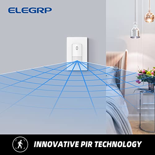 ELEGRP Single Pole Occupancy Motion Sensor Light Switch, PIR Infrared Motion Activated Switch, Need Grounding Wire, No Neutral Wire, for CFL/LED/Incandescent, with Plate, UL(2 Pack, Matte White)