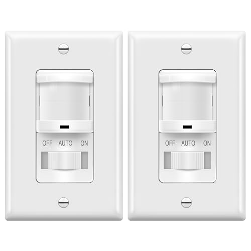 TOPGREENER in-Wall PIR Motion Sensor Light Switch, Occupancy Sensor Switch, On/Off Override, 4A, 400W, Single Pole, Neutral Wire Required, TSOS5-W, White, 2 Pack