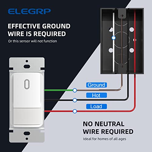 ELEGRP Single Pole Occupancy Motion Sensor Light Switch, PIR Infrared Motion Activated Switch, Need Grounding Wire, No Neutral Wire, for CFL/LED/Incandescent, with Plate, UL(2 Pack, Matte White)