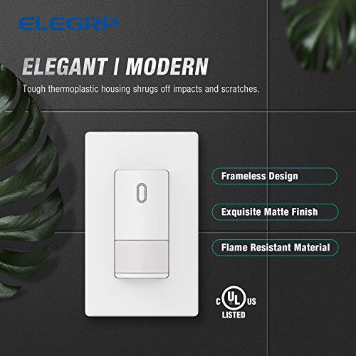 ELEGRP Single Pole Occupancy Motion Sensor Light Switch, PIR Infrared Motion Activated Switch, Need Grounding Wire, No Neutral Wire, for CFL/LED/Incandescent, with Plate, UL(2 Pack, Matte White)