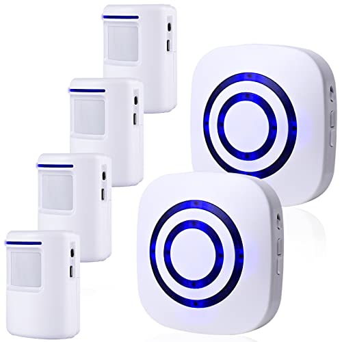 BESTOONE Motion Sensor Alarm, Long Range Wireless Driveway Alarm, Indoor Home Security System Electric Doorbells, 4 Motion Detector and 2 Alarm, 38 Chime Tunes, LED Indicator