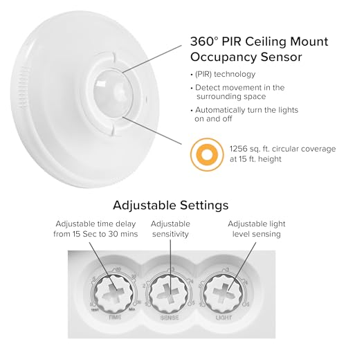 Maxxima Ceiling Mount 360 Degree PIR Occupancy Sensor - Hard-Wired Motion Sensor, LED Compatible, Commercial or Residential Automatic Sensing Solution for Indoor Use at Max Height 15ft, 120-277V