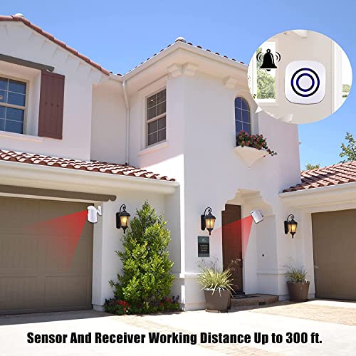 BESTOONE Motion Sensor Alarm, Long Range Wireless Driveway Alarm, Indoor Home Security System Electric Doorbells, 4 Motion Detector and 2 Alarm, 38 Chime Tunes, LED Indicator