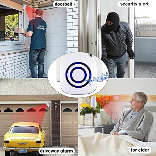 BESTOONE Motion Sensor Alarm, Long Range Wireless Driveway Alarm, Indoor Home Security System Electric Doorbells, 4 Motion Detector and 2 Alarm, 38 Chime Tunes, LED Indicator