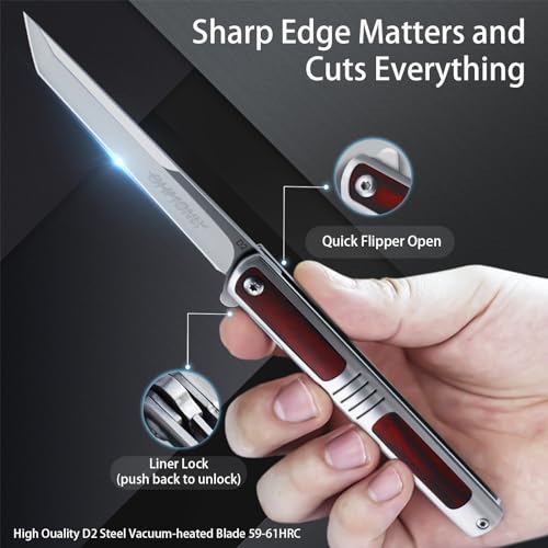 ohmonlyhoo Pocket Knife for Men, 3.5 inch Folding Knife with Pocket Clip,Rosewood Handle Tanto Knife, Great Gift For Men and Women