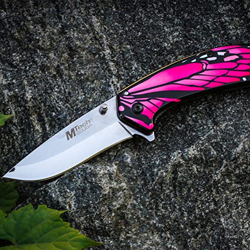 MTECH USA – Spring Assisted Folding Knife – Mirror Polished Blade, Stainless Steel Handle w/Pink Butterfly Design, Pocket Clip, Hunting, Camping, Survival, Tactical, EDC – MT-A1005PK