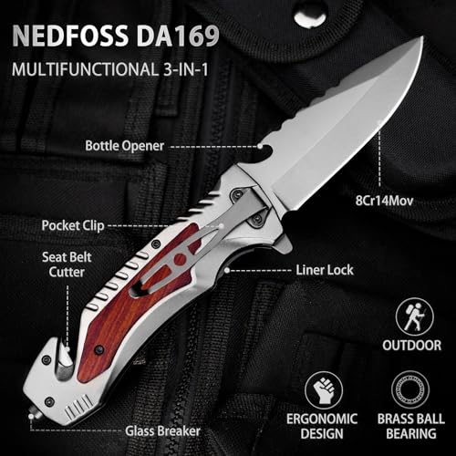 NedFoss DA169 Pocket Knife, 5 IN 1 Multitool Pocket Knife for Men, Survival Pocket Knife with Clip, Glass Breaker, Bottle Opener, Seat Belt Cutter, Folding Pocket Knives for Camping Hiking
