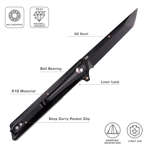 REMETTE Tactical Pocket Knife GD22K, Flipper Open D2 Steel Tanto Folding knife with Durable G10 Handle,Men Women Everyday Carry EDC Knife,Sharp Camping Hiking Daily Work Knives