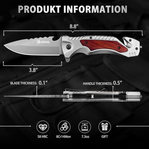 NedFoss DA169 Pocket Knife, 5 IN 1 Multitool Pocket Knife for Men, Survival Pocket Knife with Clip, Glass Breaker, Bottle Opener, Seat Belt Cutter, Folding Pocket Knives for Camping Hiking