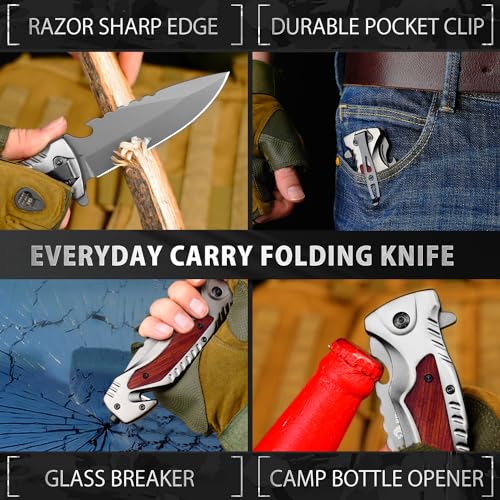 NedFoss DA169 Pocket Knife, 5 IN 1 Multitool Pocket Knife for Men, Survival Pocket Knife with Clip, Glass Breaker, Bottle Opener, Seat Belt Cutter, Folding Pocket Knives for Camping Hiking