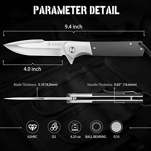 NedFoss BEAST Pocket Knife for Men, 4 inch D2 Steel Blade Folding Knife with Clip, G10 Handle, Safety Liner Lock, Heavy Duty Tactical Knife for Hiking Camping Gifts for Men Women