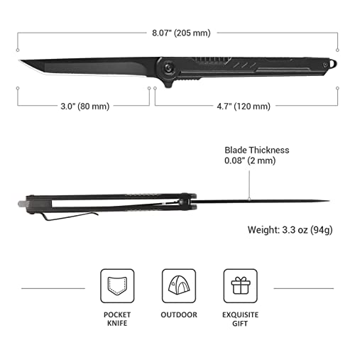 FUNBRO EDC Pocket Knife - 7CR13Mov Steel Tanto Blade, Slim Survival Knife with Clip and Liner Lock, Window Breaker - For Outdoor Camping