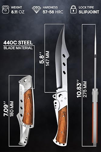 Long Blade Folding Knife - Sharp Hunting Hiking Camping Tactical Survival Work Knives for Men Women - Foldable Large Knife with Rosewood Handle - Fits any Knife Sharpener - Father s Day Gifts 4172