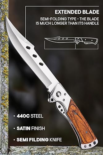 Long Blade Folding Knife - Sharp Hunting Hiking Camping Tactical Survival Work Knives for Men Women - Foldable Large Knife with Rosewood Handle - Fits any Knife Sharpener - Father s Day Gifts 4172