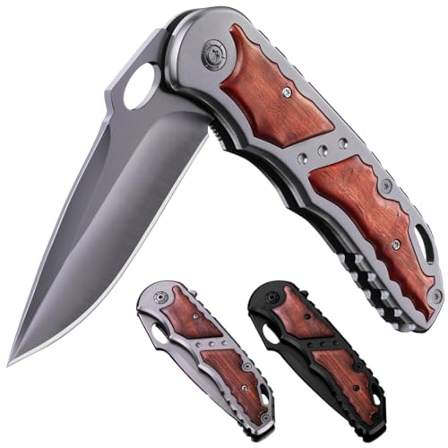 Pocket Knife - 5Cr15MoV Sharp Blade - Spring Assisted Knife with Wood Handle - Tactical Folding Knives - Best for EDC Camping Survival - Birthday Gifts for Dad Men - Fathers Day Dad Gift Idea 97010