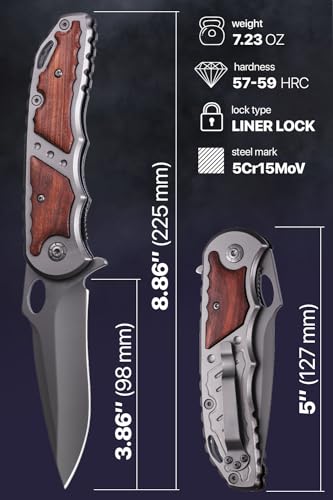 Pocket Knife - 5Cr15MoV Sharp Blade - Spring Assisted Knife with Wood Handle - Tactical Folding Knives - Best for EDC Camping Survival - Birthday Gifts for Dad Men - Fathers Day Dad Gift Idea 97010
