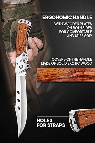 Long Blade Folding Knife - Sharp Hunting Hiking Camping Tactical Survival Work Knives for Men Women - Foldable Large Knife with Rosewood Handle - Fits any Knife Sharpener - Father s Day Gifts 4172