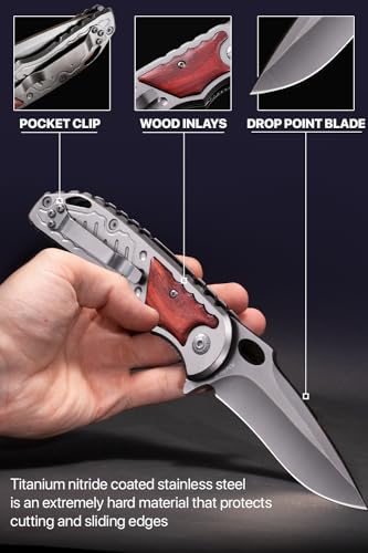 Pocket Knife - 5Cr15MoV Sharp Blade - Spring Assisted Knife with Wood Handle - Tactical Folding Knives - Best for EDC Camping Survival - Birthday Gifts for Dad Men - Fathers Day Dad Gift Idea 97010