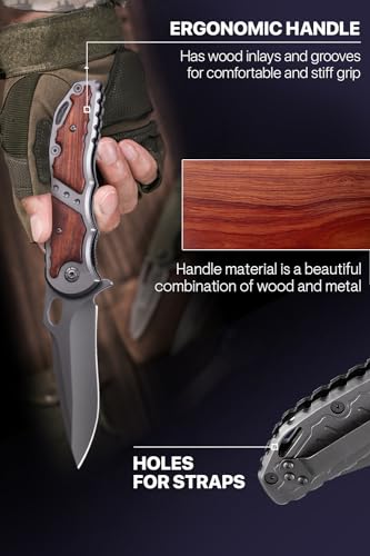 Pocket Knife - 5Cr15MoV Sharp Blade - Spring Assisted Knife with Wood Handle - Tactical Folding Knives - Best for EDC Camping Survival - Birthday Gifts for Dad Men - Fathers Day Dad Gift Idea 97010