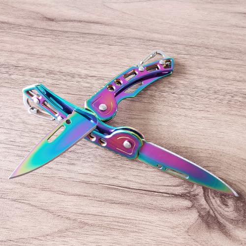 WWZJ 2 Pack Pocket Knife (Multicolored Titanium) with Key Ring Easy To Everyday Carry, Folding Knife Self-Defense