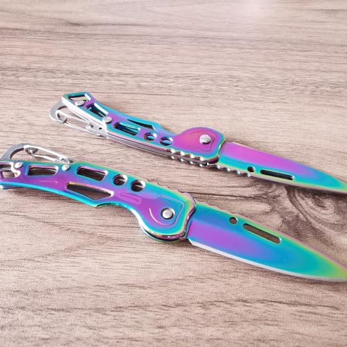 WWZJ 2 Pack Pocket Knife (Multicolored Titanium) with Key Ring Easy To Everyday Carry, Folding Knife Self-Defense